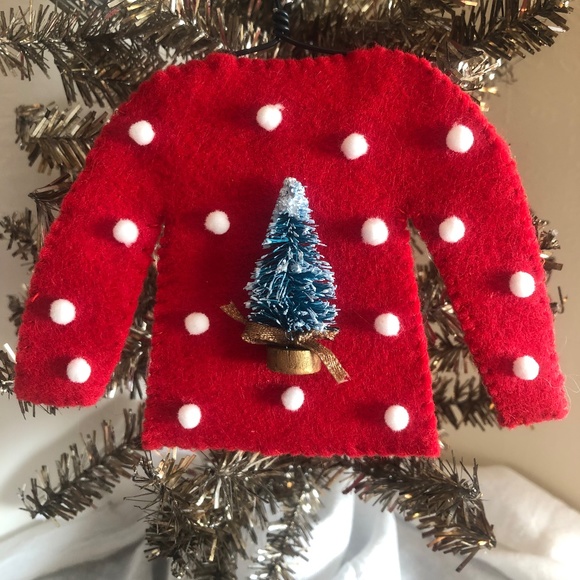 Hand-sewn Red Ugly Cute Felt Sweater Ornament on a hanger - Picture 2 of 5